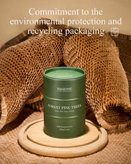 Close-up showing pine fragrance and candle label