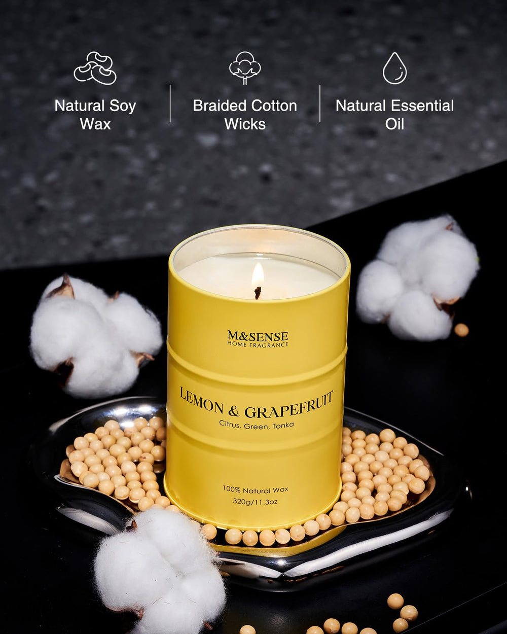 Soy blend and palm wax composition in M&SENSE Lemon Candle