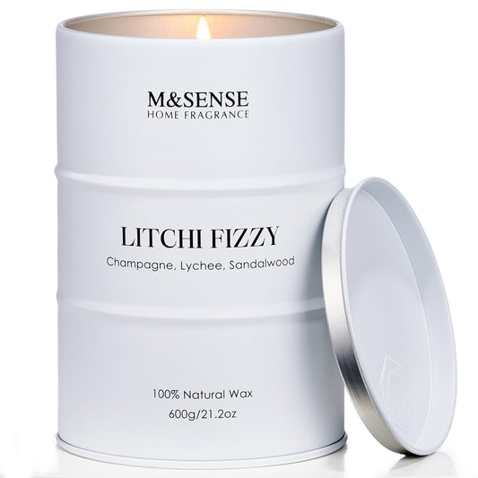 M&SENSE Litchi Fizzy candle front view in 21.2oz tin