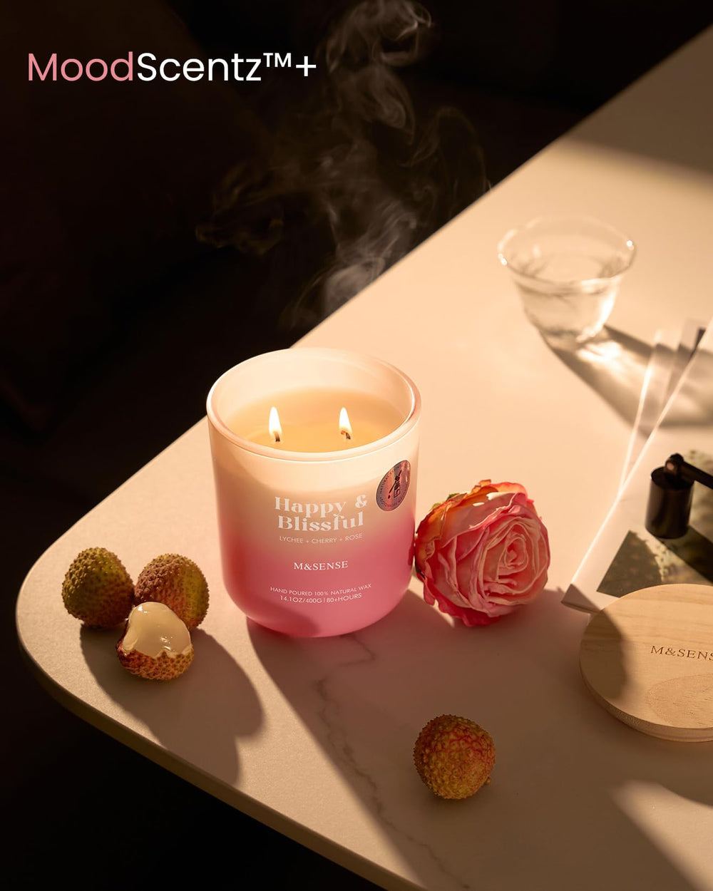 Candle on a nightstand emphasizing 80-hour burn time