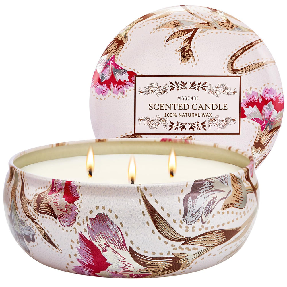 M&SENSE Mimosa Rose soy candle 12oz tin with three wicks