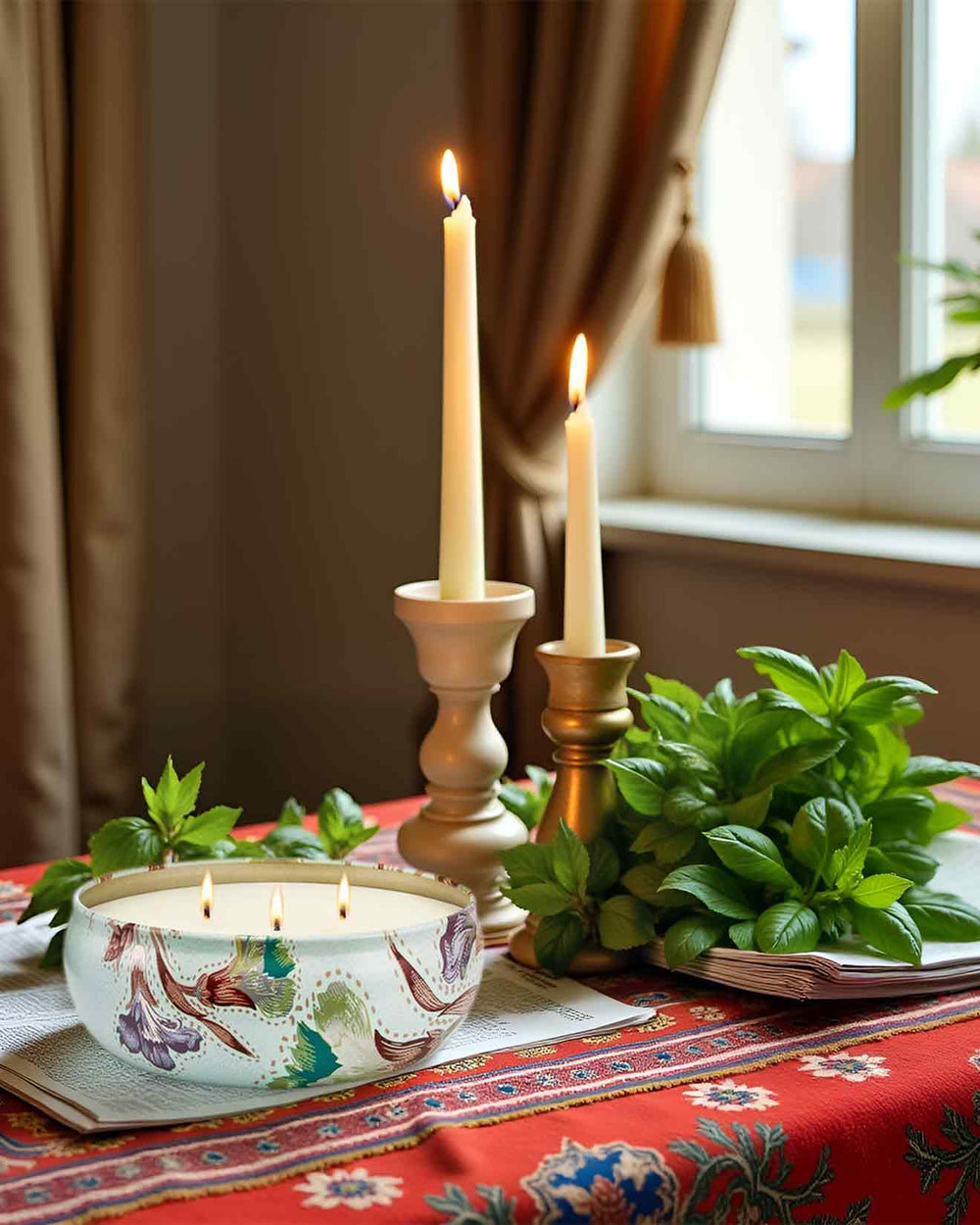 Close-up of Mint Basil candle with 3 wicks
