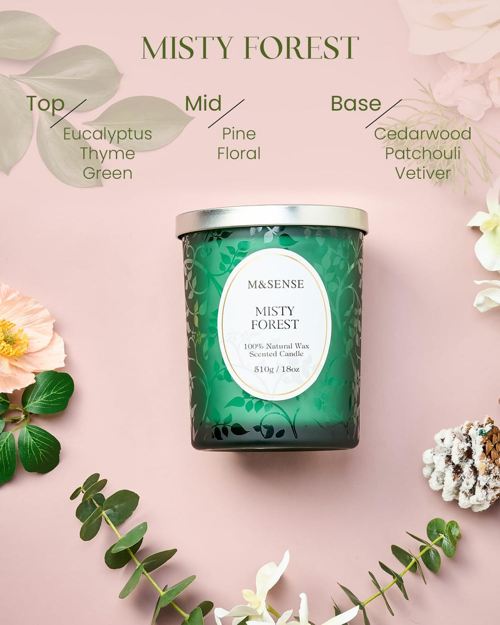 Close up of natural soy wax and wick for Misty Pine Forest candle