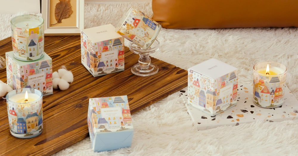 Housewarming gift-ready candle featuring MODERN CITY and other CharmArch townscape designs