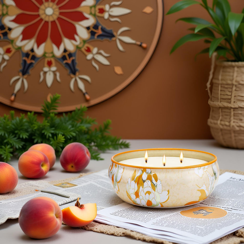 Side view of M&SENSE Peach 12oz 3-wick candle