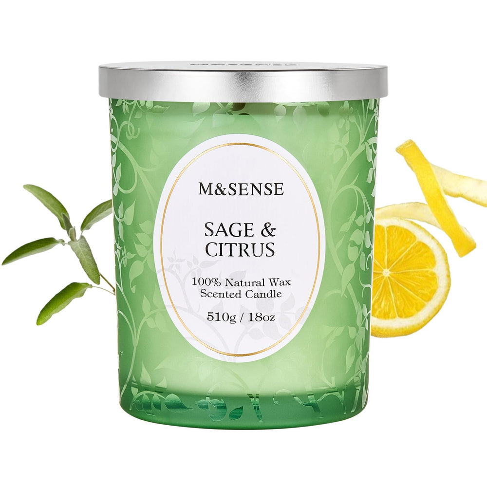Warm ambient light from lit Sage Citrus candle