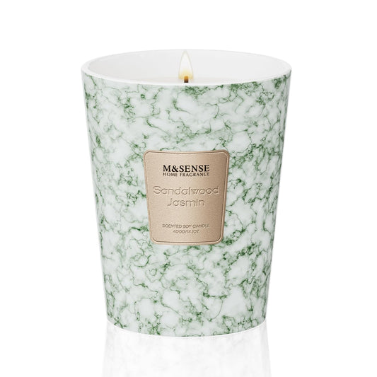 M&SENSE Sandalwood Jasmine scented candle in a 14.1 oz marble jar