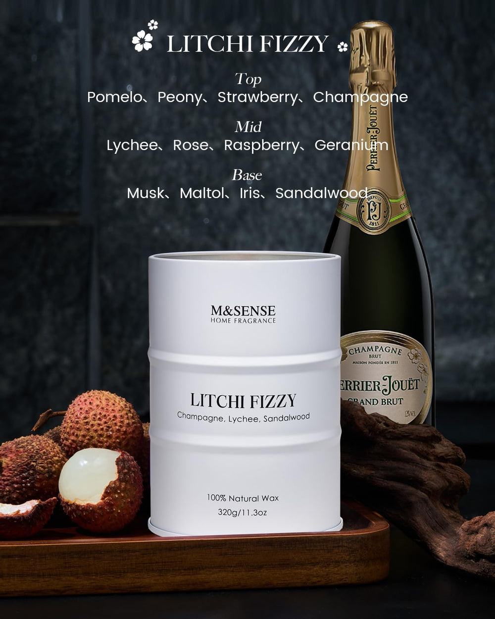 Front view of M&SENSE Litchi Fizzy candle 11.3oz