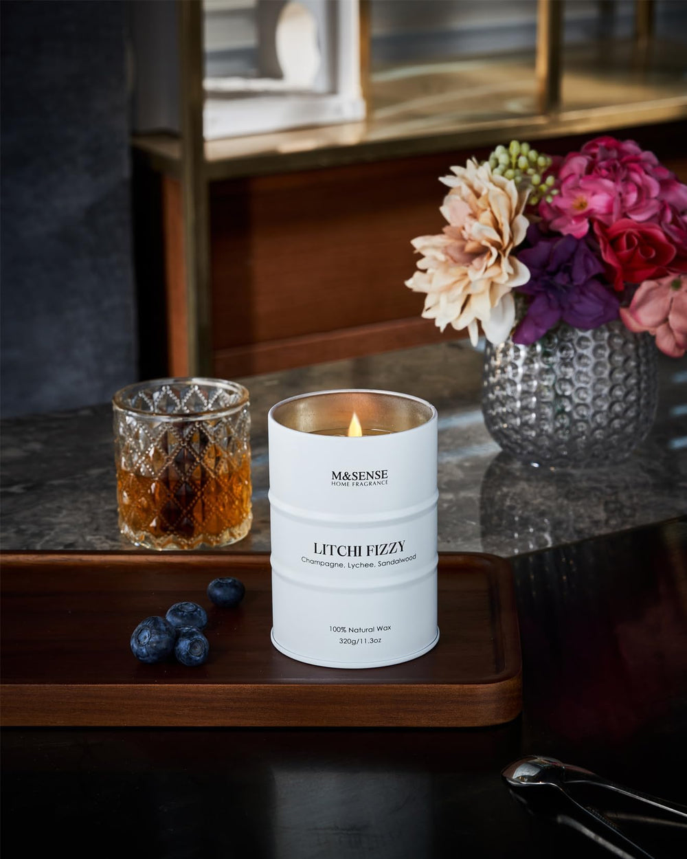 M&SENSE Litchi Fizzy candle tin in recyclable packaging