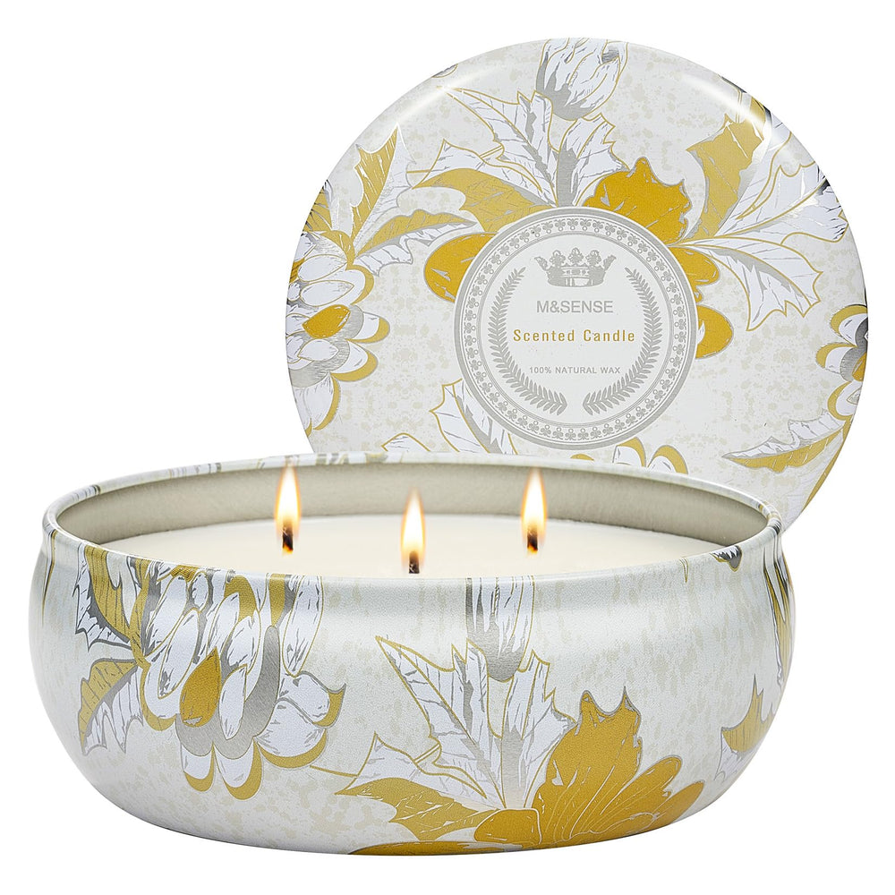 MSENSE Sunkissed Citrus candle in a decorative tin with three wicks