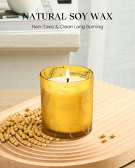 Close-up of Mango Green Tea candle label with gold foil