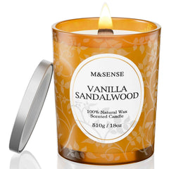 M&SENSE Vanilla Sandalwood Candle in a matte glass jar with botanical print