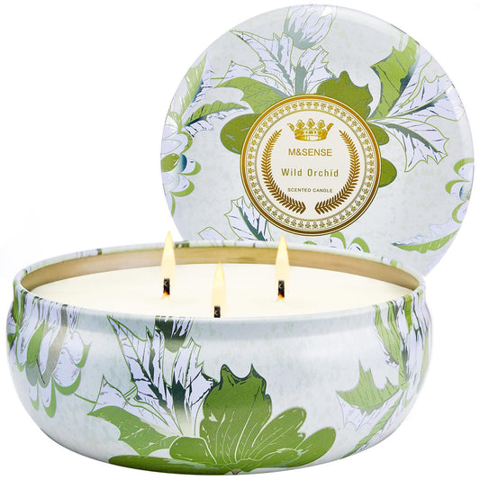 M&SENSE Wild Orchid 3-wick soy candle tin – front view