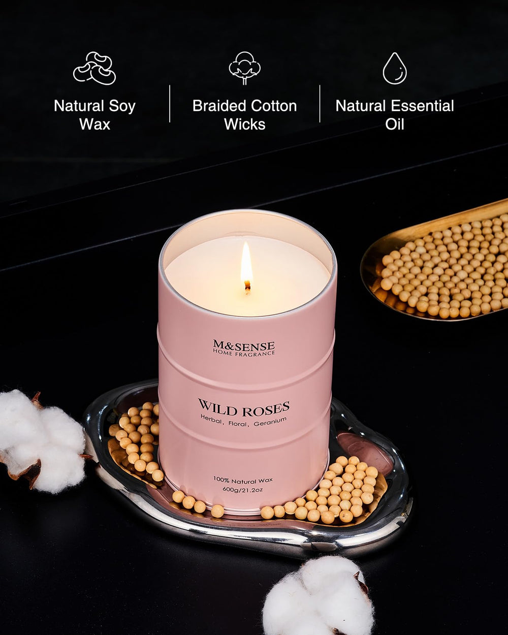 Label detail of 21.2oz MSENSE Wild Rose candle