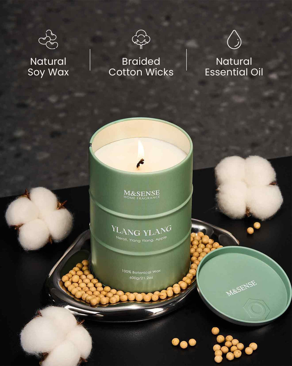 Natural soy-palm wax blend candle with minimalist packaging