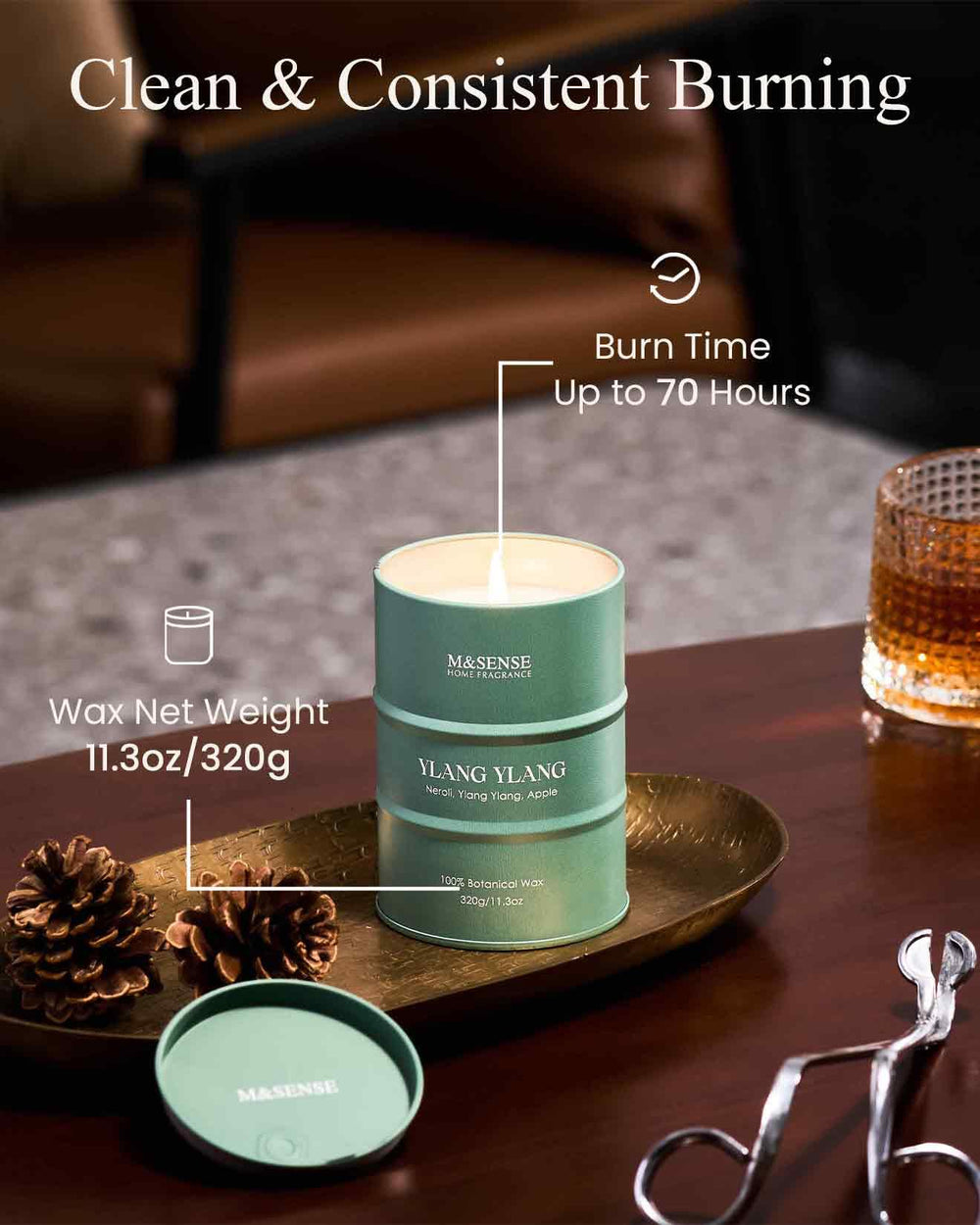 Candle lit with warm glow for ambiance and fragrance throw