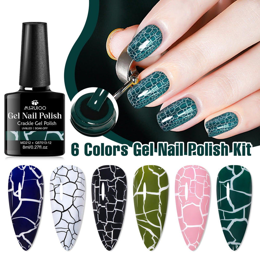 MSRUIOO crackle gel in green delivers fine pattern over white base for chic nails.