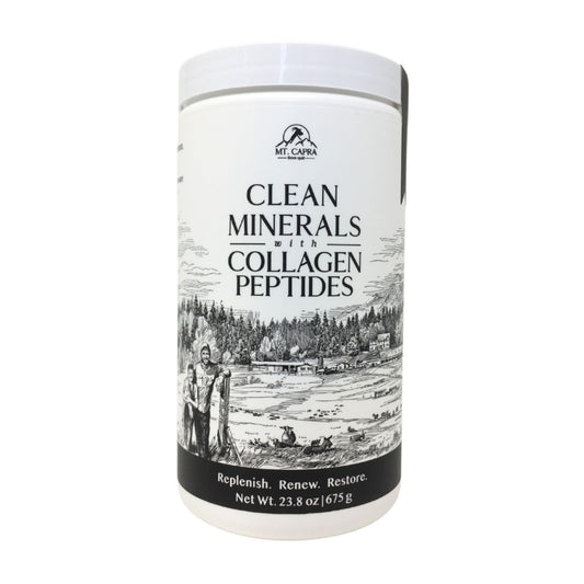 Mt Capra Clean Minerals with Collagen Peptides bottle on white background