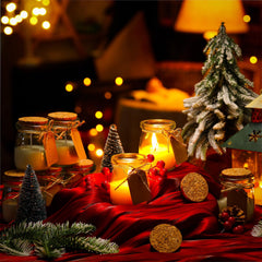Close-up of Christmas Tree scent candle in glass jar with kraft label