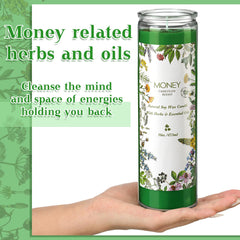 MTLEE green cash candle in glass jar ready for prosperity meditation