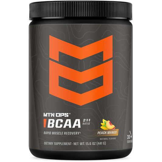 MTN OPS BCAA 2:1:1 Peach Mango 30-serving tub - front view