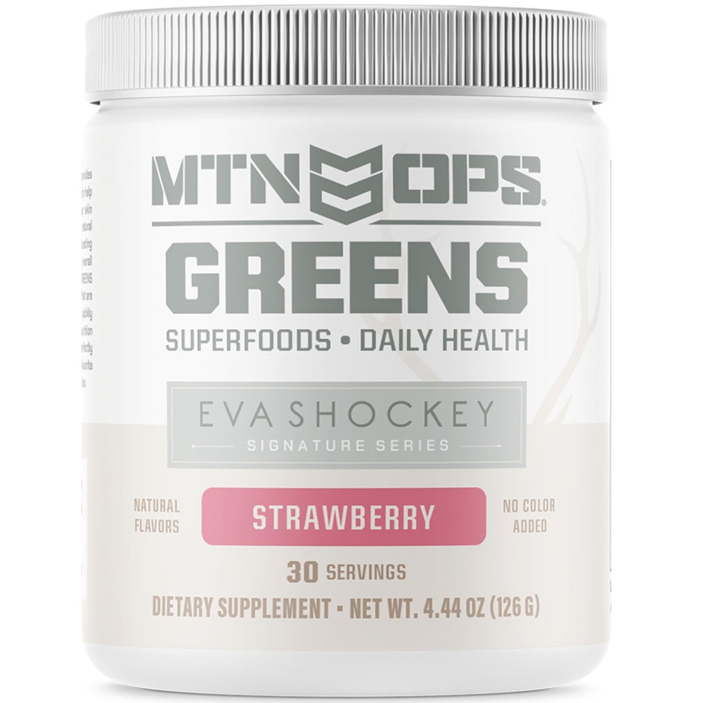 Front packaging of MTN OPS Eva Shockey Signature Series Super Greens Powder in Strawberry flavor, 4.4 oz, 30 servings