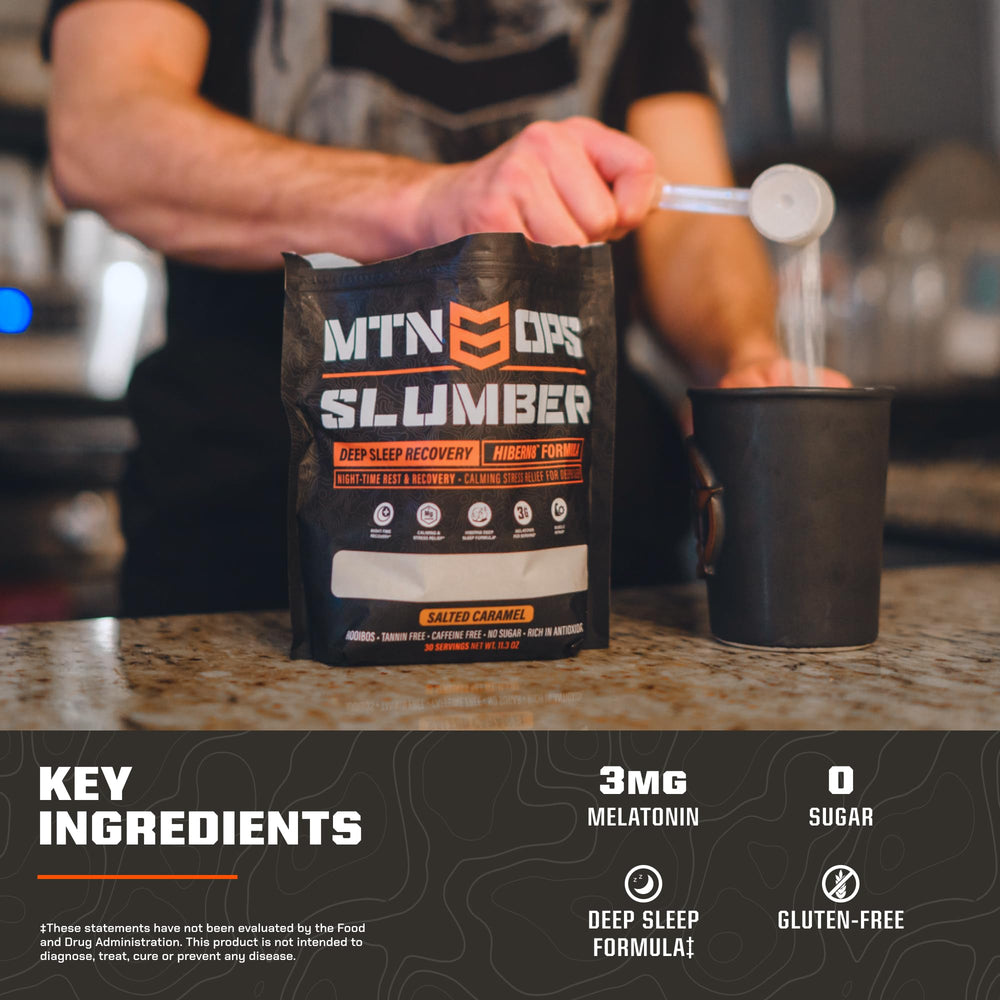 MTN OPS Slumber collagen boost label illustrating skin and joint support.