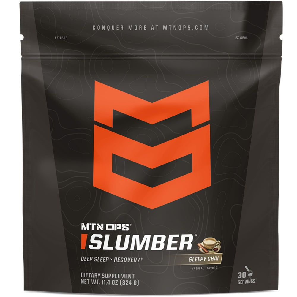 MTN OPS Slumber powder tub front for nighttime recovery and restful sleep.
