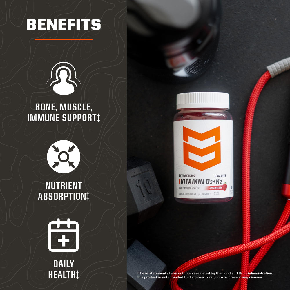 Close-up of MTN OPS D3 K2 Gummies bottle label