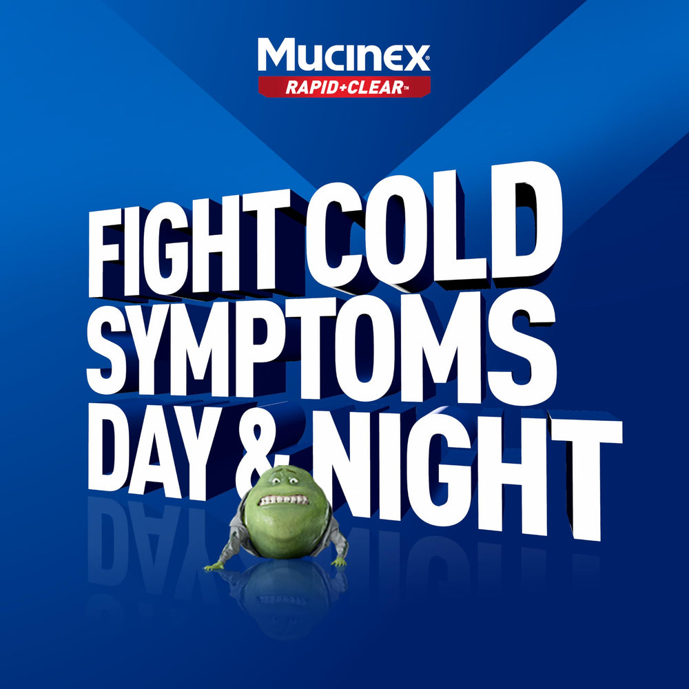 Mucinex Rapid Clear caplets label closeup reveals dosing and fast-acting design