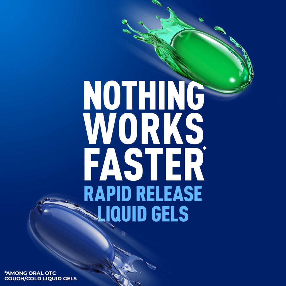 Mucinex Rapid Clear Nighttime liquid gels pour illustrating sleep-friendly relief.
