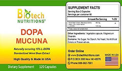 Dopa Mucuna 15% L-Dopa capsules (Mucuna pruriens) close-up view