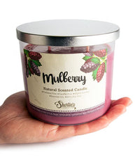 Side view of Mulberry Natural 3 Wick Candle with reusable glass jar