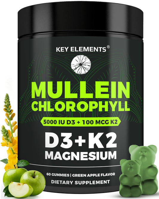 Bottle of Mullein Gummies with Chlorophyll D3 K2 and Magnesium