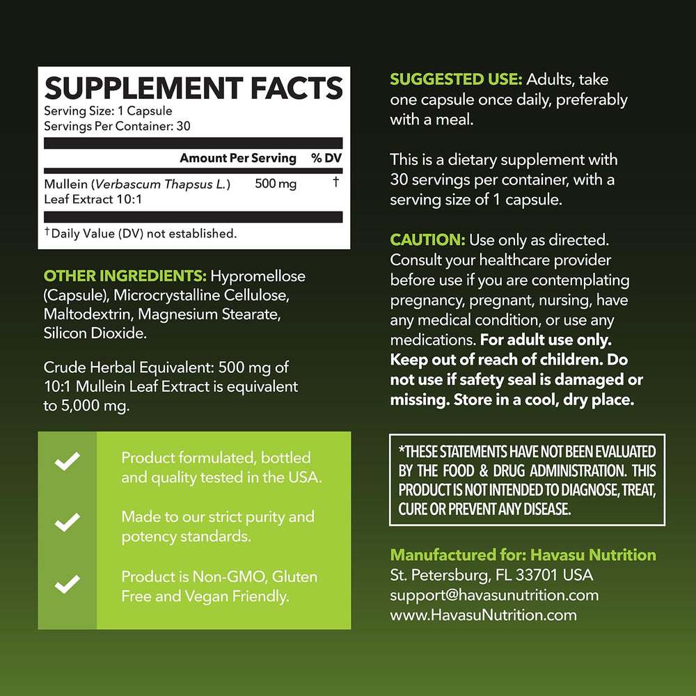 Close-up of mullein leaf extract 10:1 showing 5000mg per serving