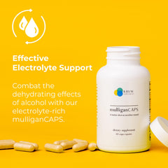 Mulligan Caps energizing pre-drink formula close-up of capsules ready to take