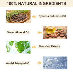 Hands applying MULPG Cyperus Rotundus Oil to arms after hair removal.
