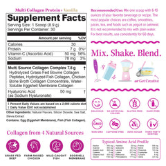Ingredients panel showing collagen types I II III, Vitamin C, and Hyaluronic Acid