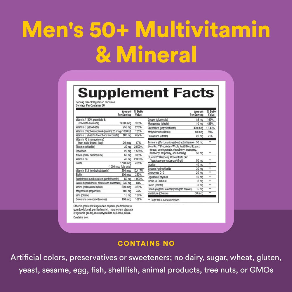 Three easy-to-swallow capsules from MultiFactors Women's 50+ bottle