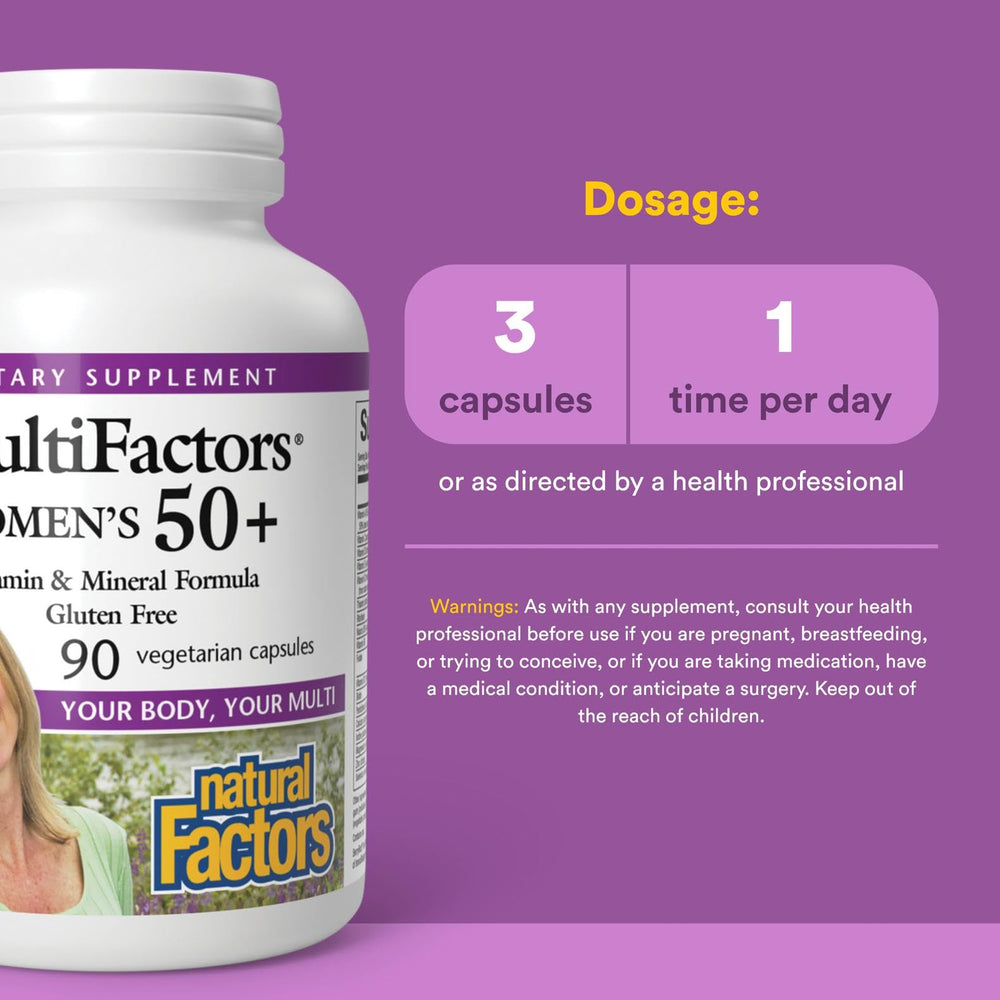 Illustration showing 35+ essential nutrients in MultiFactors Women's 50+ formula