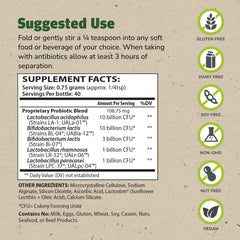 Multi-strain probiotic powder showing 25B CFU for gut health