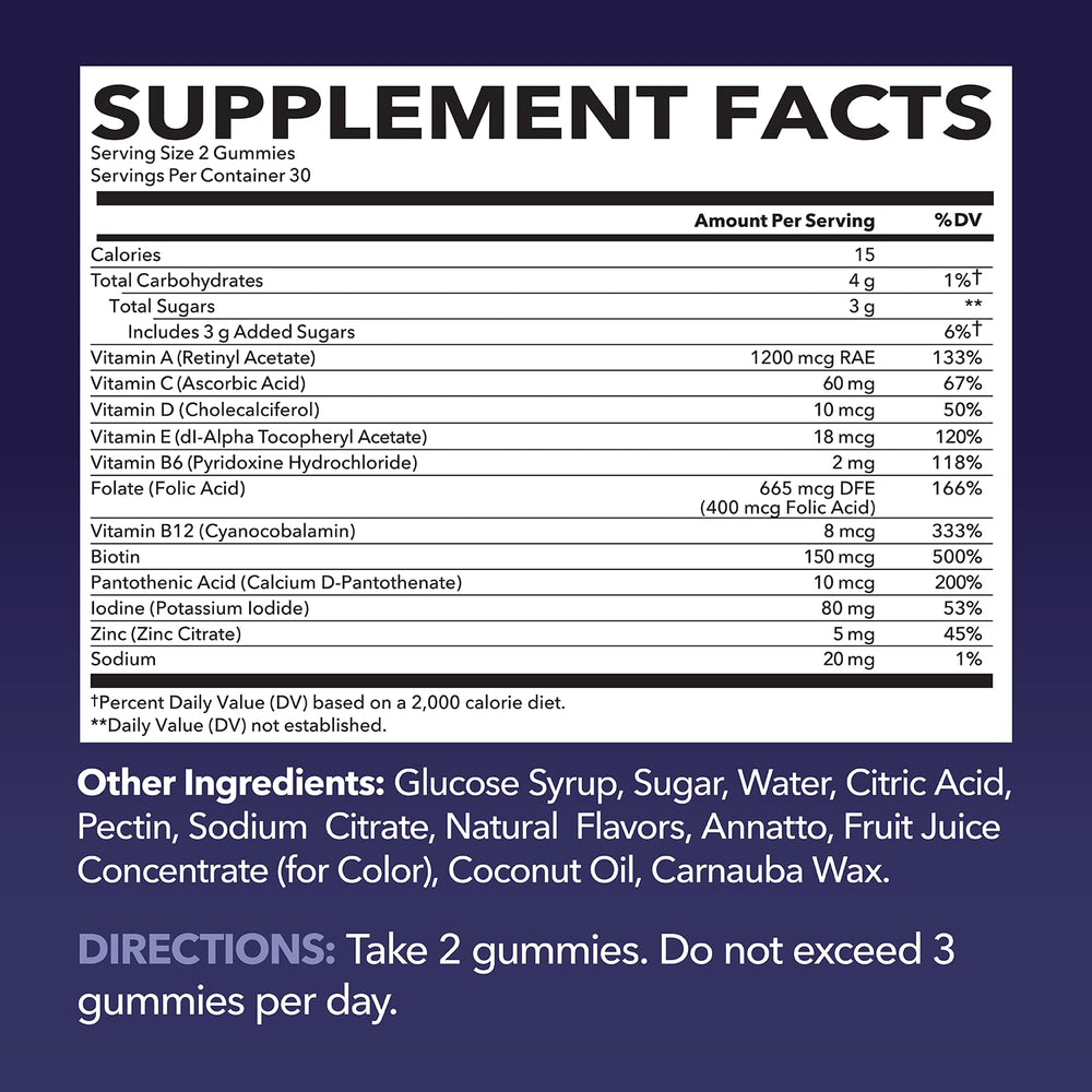 Back of bottle displaying supplement facts for adult multivitamin gummies