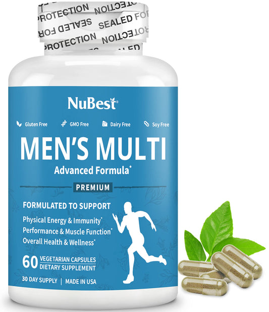 Bottle of men’s multivitamin with 38 nutrients and 60 vegan capsules