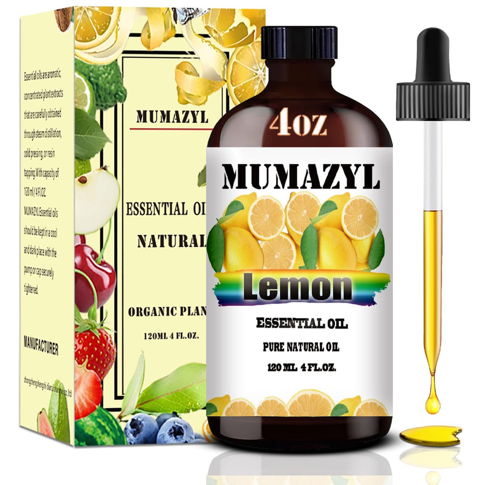 MUMAZYL Lemon Oil bottle in amber glass delivers long-lasting citrus scent for diffusers.