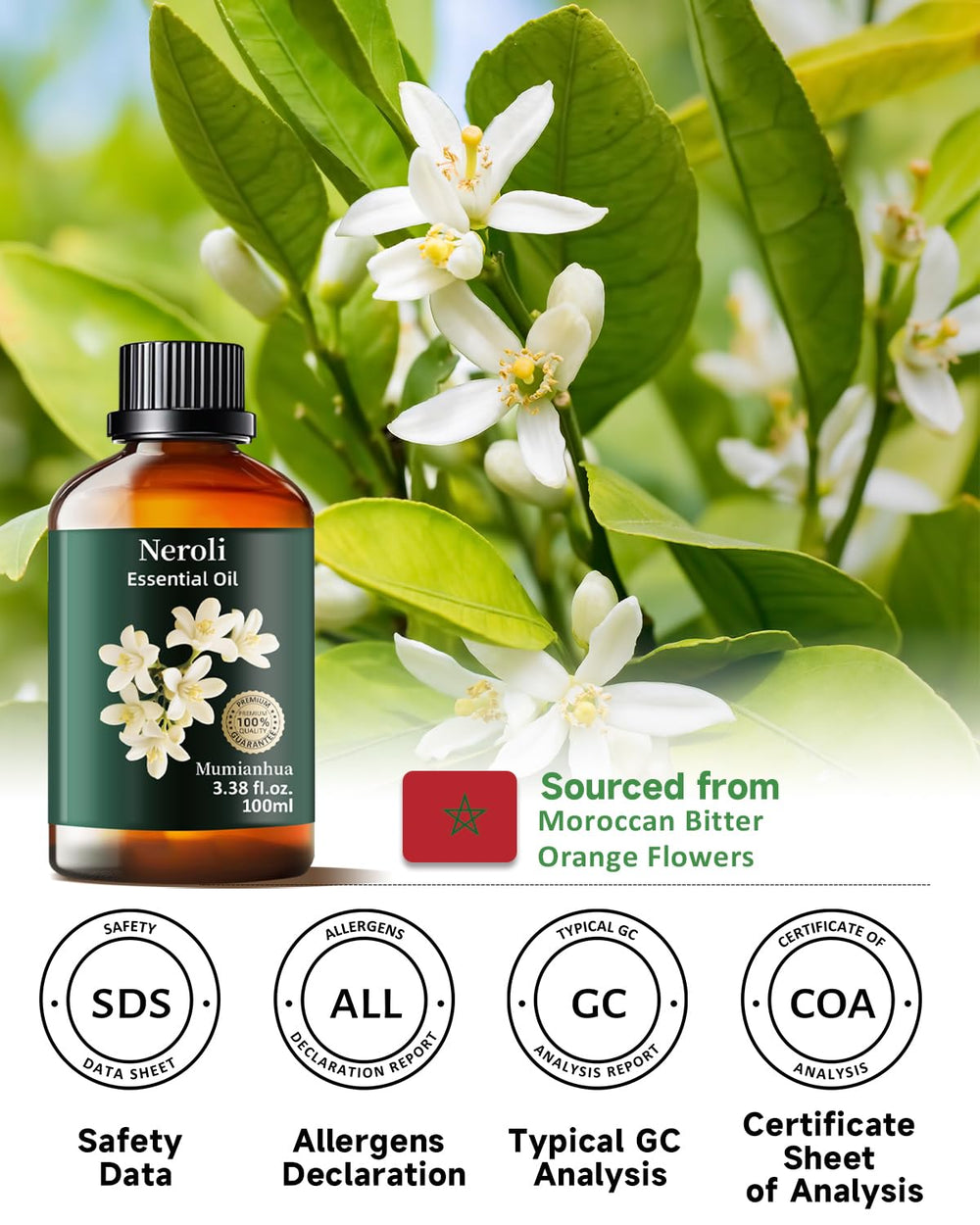 Homemade bath products infused with Neroli oil, including bath bombs and lotions