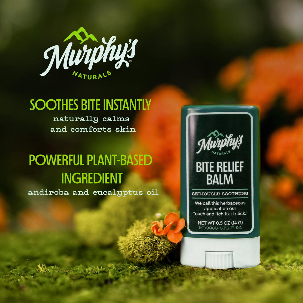 Murphy's Naturals bite relief balm-stick packaging highlights travel-friendly sizing for adventures.