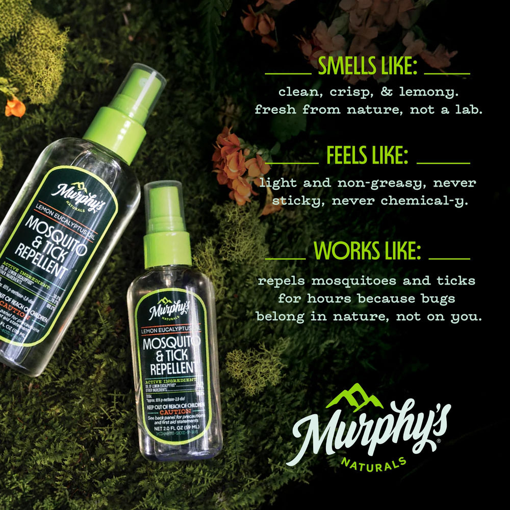 Murphy's Naturals lemon-eucalyptus 2oz bottle highlighting travel-friendly, DEET-free repellent.