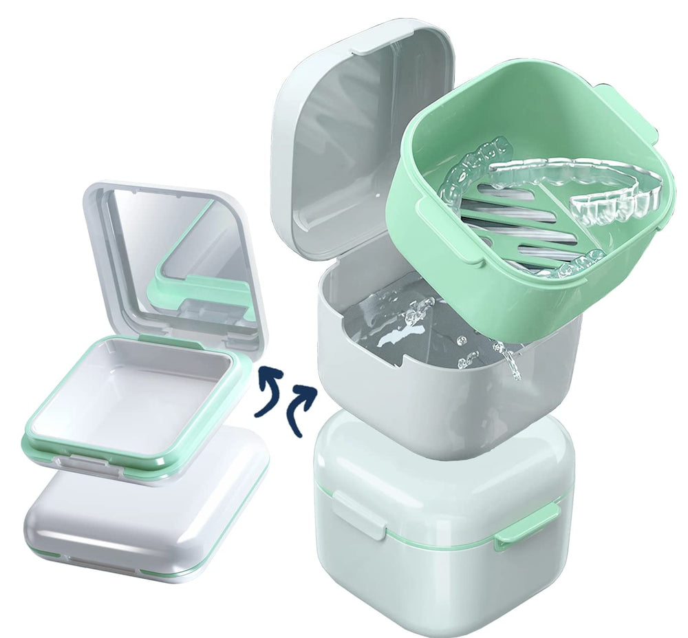 Front view of MURRI&MURRDI denture bath case with mirror