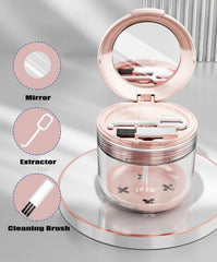 Pink denture bath case with attached mirror in travel-friendly design