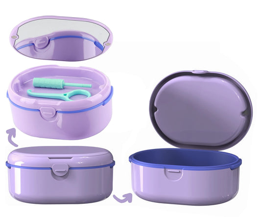 Purple MURRI&MURRDI retainer case with denture bath box and strainer basket – front view